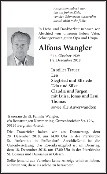 Anzeige von Alfons Wangler von  Sonntags-Post 