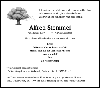 Anzeige von Alfred Stommel von Kölner Stadt-Anzeiger / Kölnische Rundschau / Express