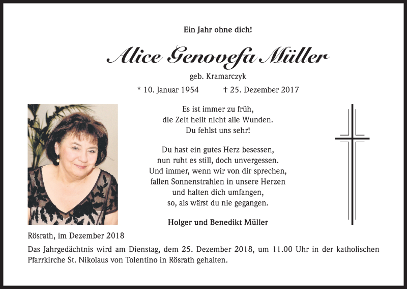  Traueranzeige für Alice Genovefa Müller vom 22.12.2018 aus Kölner Stadt-Anzeiger / Kölnische Rundschau / Express