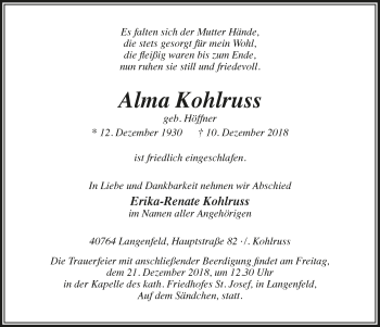 Anzeige von Alma Kohlruss von  Leverkusener Wochenende 