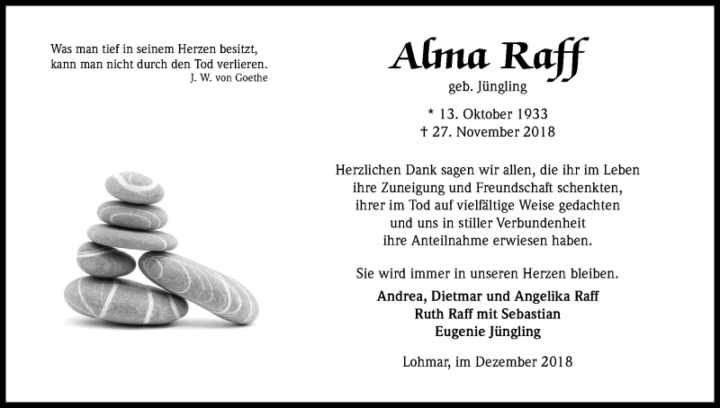  Traueranzeige für Alma Raff vom 29.12.2018 aus Kölner Stadt-Anzeiger / Kölnische Rundschau / Express