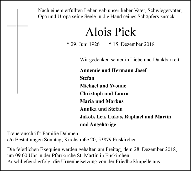  Traueranzeige für Alois Pick vom 22.12.2018 aus  Blickpunkt Euskirchen 