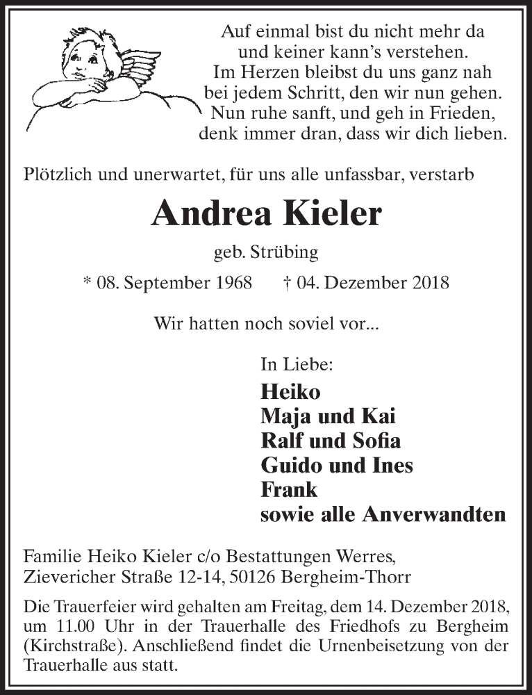  Traueranzeige für Andrea Kieler vom 08.12.2018 aus  Sonntags-Post 