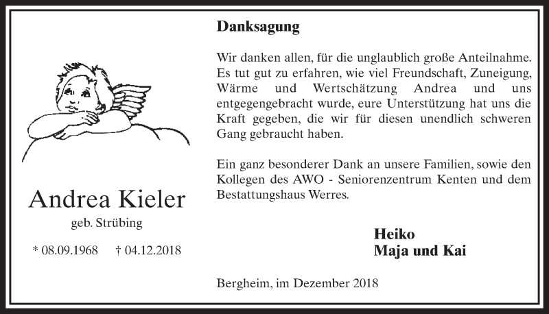  Traueranzeige für Andrea Kieler vom 22.12.2018 aus  Sonntags-Post 