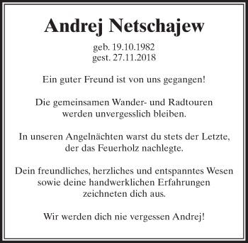 Anzeige von Andrej Netschajew von  Sonntags-Post 