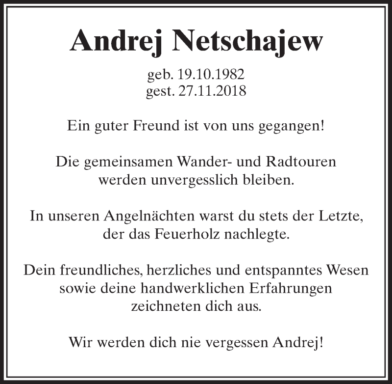  Traueranzeige für Andrej Netschajew vom 08.12.2018 aus  Sonntags-Post 