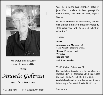 Anzeige von Angela Golenia von Kölner Stadt-Anzeiger / Kölnische Rundschau / Express