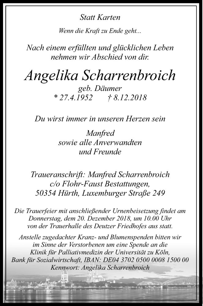  Traueranzeige für Angelika Scharrenbroich vom 15.12.2018 aus Kölner Stadt-Anzeiger / Kölnische Rundschau / Express