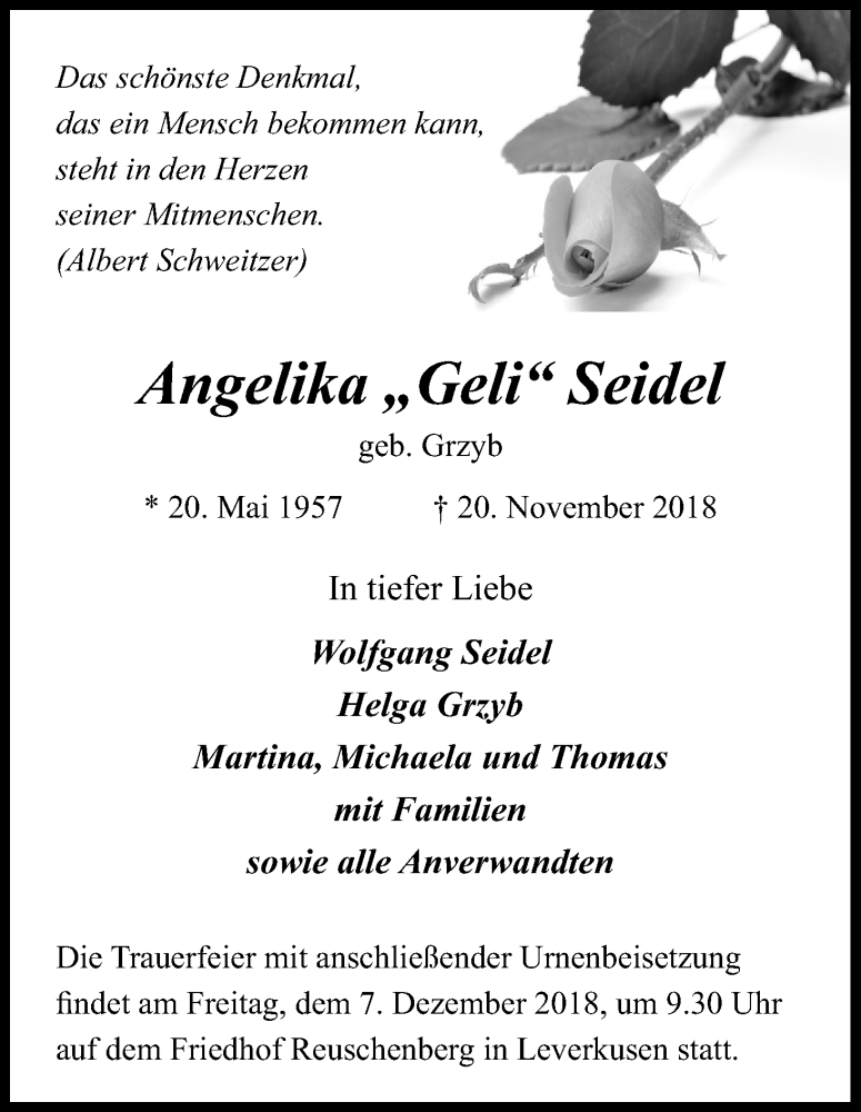  Traueranzeige für Angelika Seidel vom 05.12.2018 aus Kölner Stadt-Anzeiger / Kölnische Rundschau / Express