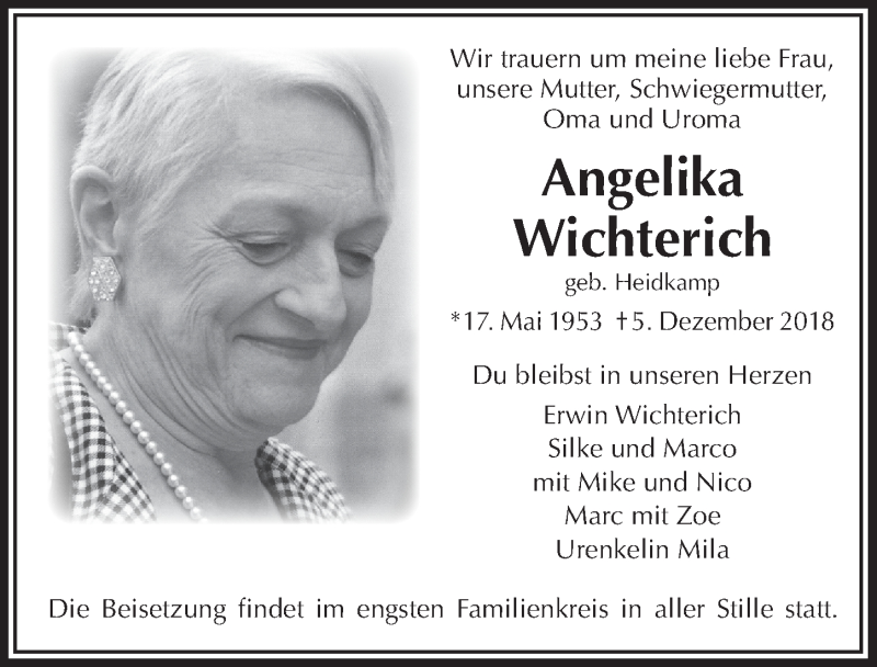  Traueranzeige für Angelika Wichterich vom 12.12.2018 aus  Bergisches Handelsblatt 
