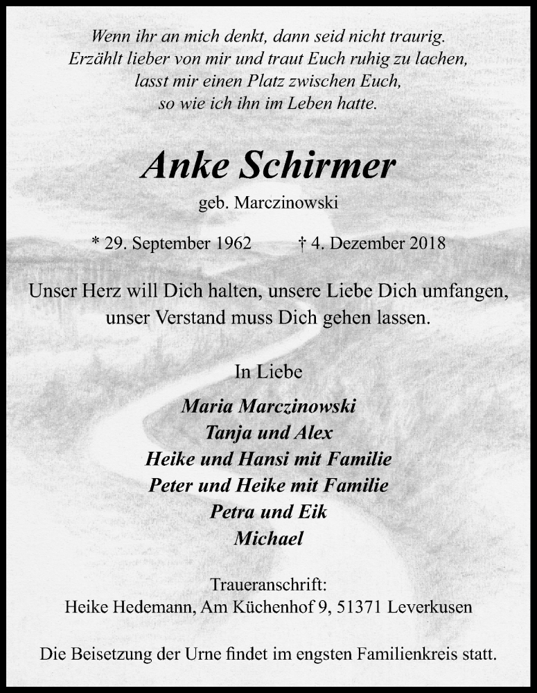  Traueranzeige für Anke Schirmer vom 12.12.2018 aus Kölner Stadt-Anzeiger / Kölnische Rundschau / Express