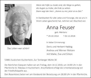 Anzeige von Anna Feuser von  Blickpunkt Euskirchen 