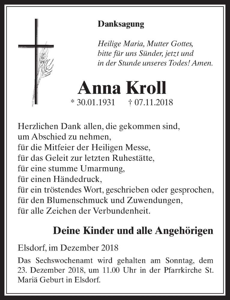  Traueranzeige für Anna Kroll vom 12.12.2018 aus  Werbepost 