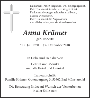 Anzeige von Anna Krämer von  Blickpunkt Euskirchen 