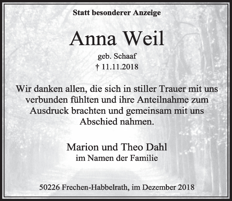  Traueranzeige für Anna Weil vom 08.12.2018 aus  Sonntags-Post 