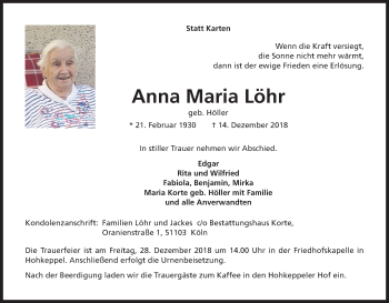 Anzeige von Anna Maria Löhr von Kölner Stadt-Anzeiger / Kölnische Rundschau / Express