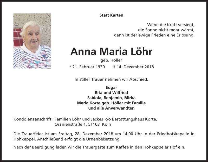  Traueranzeige für Anna Maria Löhr vom 21.12.2018 aus Kölner Stadt-Anzeiger / Kölnische Rundschau / Express