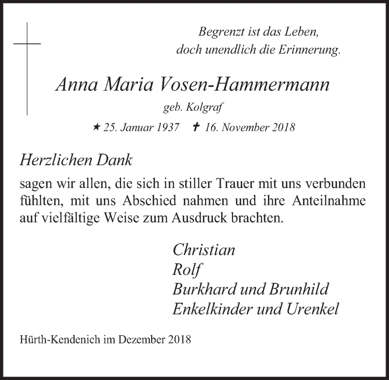 Traueranzeige für Anna Maria Vosen-Hammermann vom 12.12.2018 aus  Werbepost 