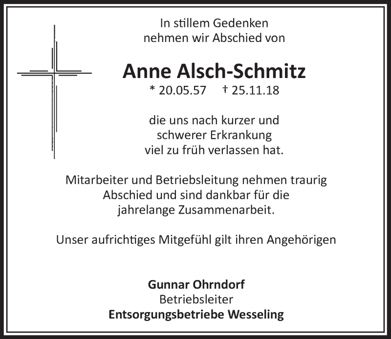  Traueranzeige für Anne Alsch-Schmitz vom 05.12.2018 aus  Schlossbote/Werbekurier 
