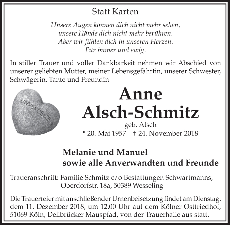  Traueranzeige für Anne Alsch-Schmitz vom 05.12.2018 aus  Schlossbote/Werbekurier 