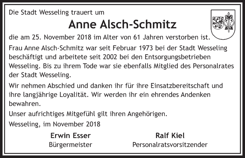  Traueranzeige für Anne Alsch-Schmitz vom 05.12.2018 aus  Schlossbote/Werbekurier 