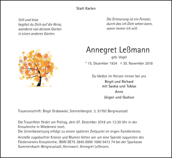 Anzeige von Annegret Leßmann von Kölner Stadt-Anzeiger / Kölnische Rundschau / Express
