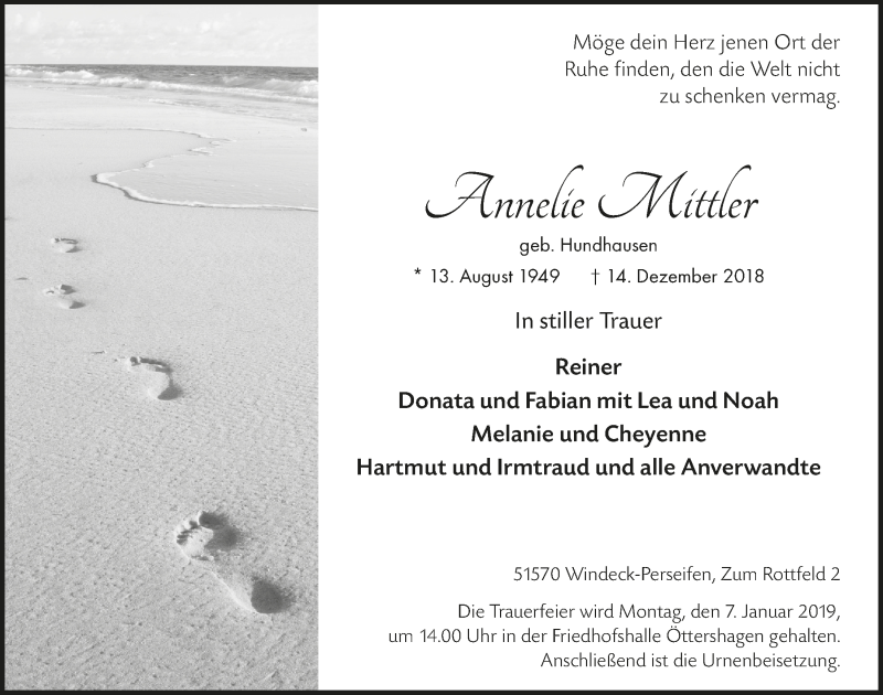  Traueranzeige für Annelie Mittler vom 27.12.2018 aus  Lokalanzeiger 
