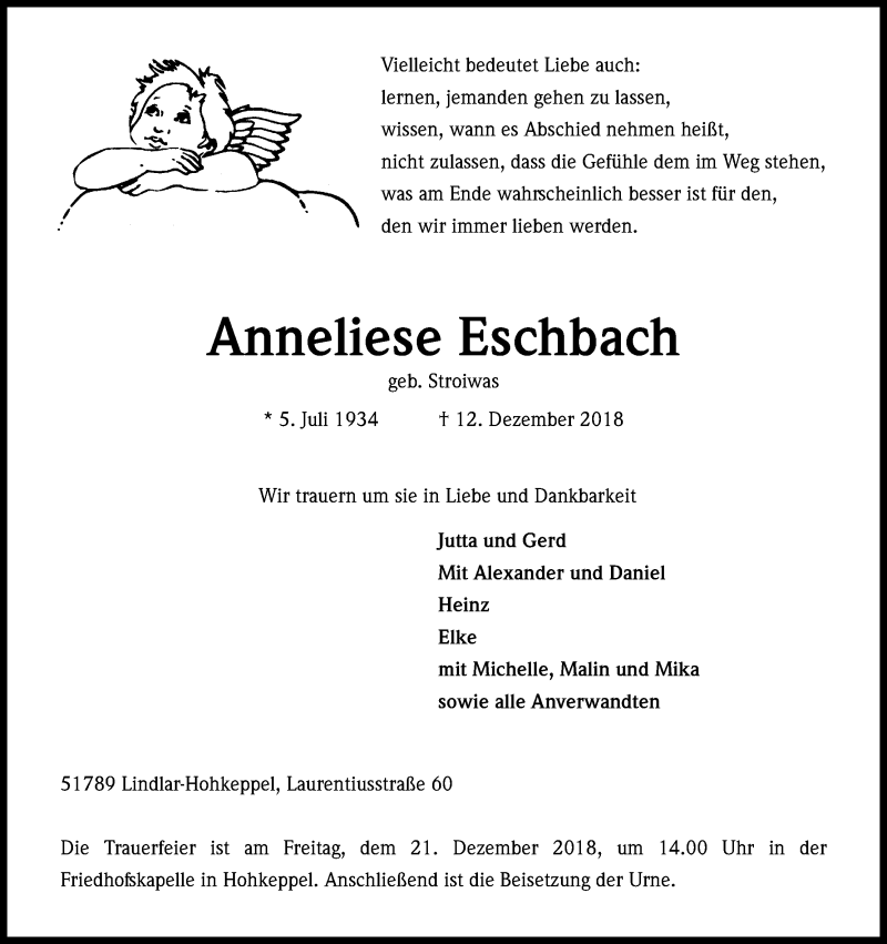  Traueranzeige für Anneliese Eschbach vom 15.12.2018 aus Kölner Stadt-Anzeiger / Kölnische Rundschau / Express