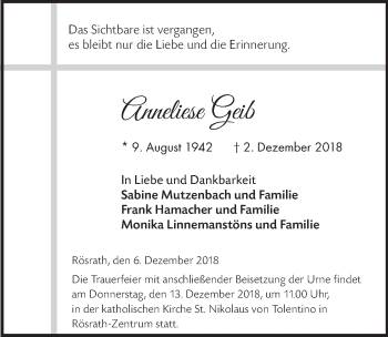Anzeige von Anneliese Geib von  Bergisches Sonntagsblatt 