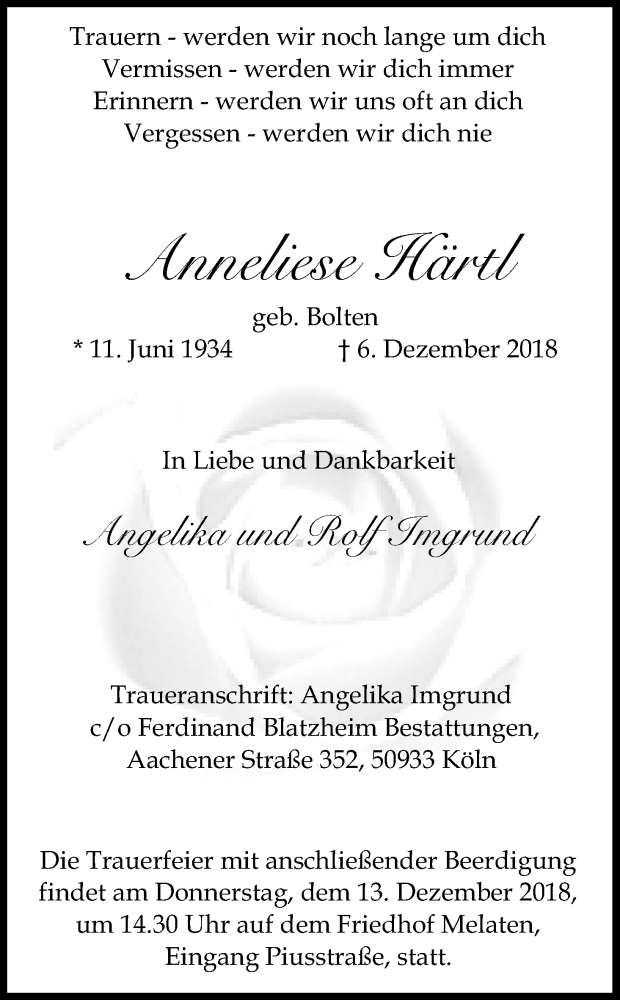  Traueranzeige für Anneliese Härtl vom 12.12.2018 aus Kölner Stadt-Anzeiger / Kölnische Rundschau / Express
