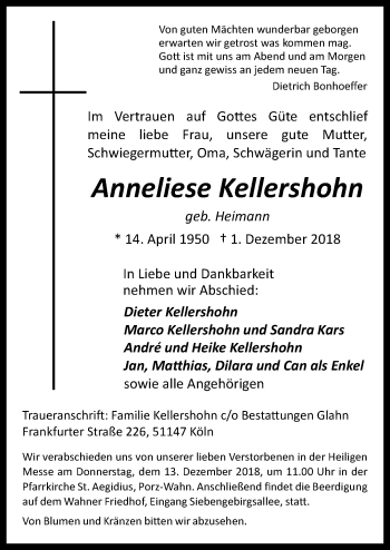 Anzeige von Anneliese Kellershohn von  Kölner Wochenspiegel 