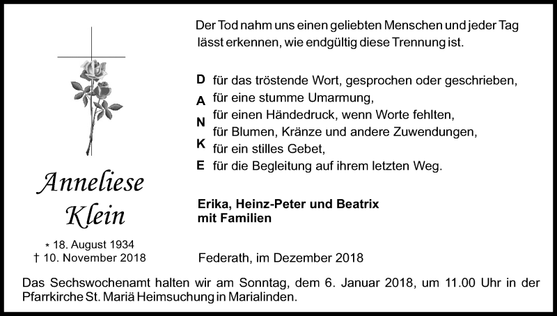  Traueranzeige für Anneliese Klein vom 22.12.2018 aus Kölner Stadt-Anzeiger / Kölnische Rundschau / Express