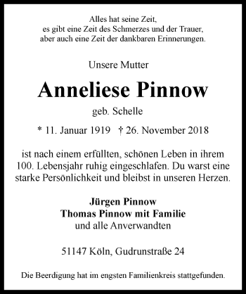 Anzeige von Anneliese Pinnow von  Kölner Wochenspiegel 