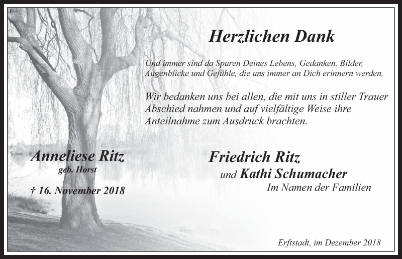  Traueranzeige für Anneliese Ritz vom 19.12.2018 aus  Werbepost 