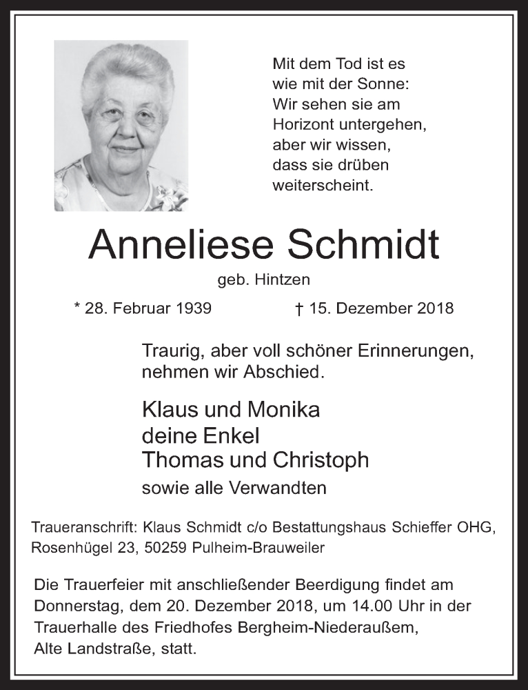  Traueranzeige für Anneliese Schmidt vom 19.12.2018 aus  Werbepost 