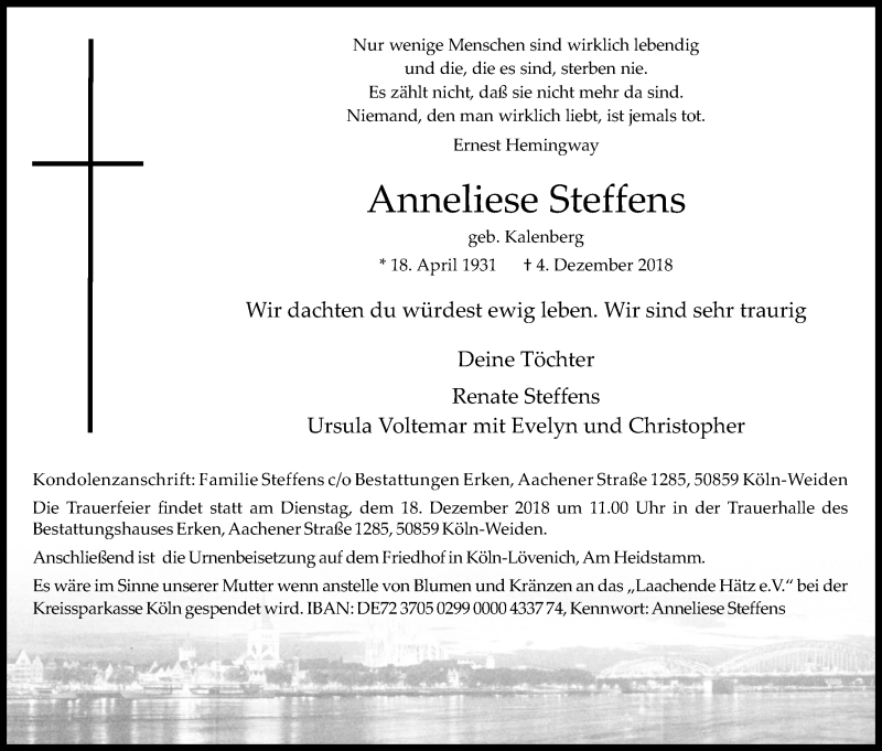  Traueranzeige für Anneliese Steffens vom 15.12.2018 aus Kölner Stadt-Anzeiger / Kölnische Rundschau / Express