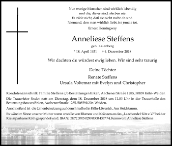 Anzeige von Anneliese Steffens von Kölner Stadt-Anzeiger / Kölnische Rundschau / Express