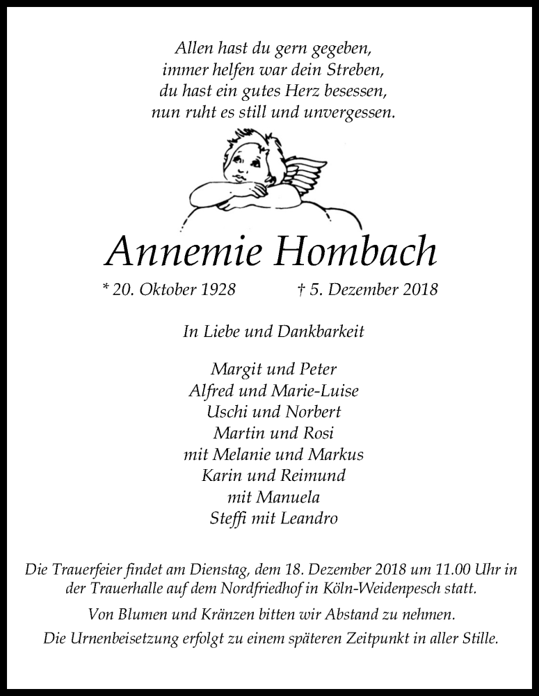  Traueranzeige für Annemie Hombach vom 15.12.2018 aus Kölner Stadt-Anzeiger / Kölnische Rundschau / Express