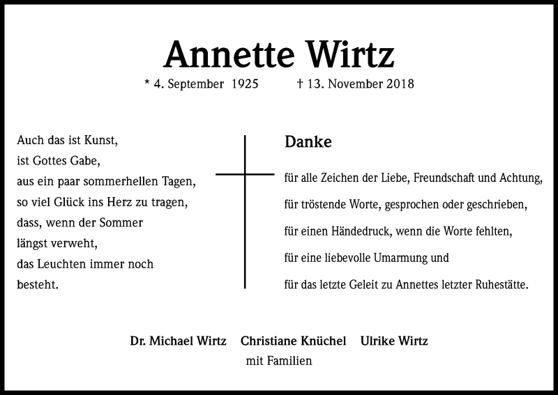  Traueranzeige für Annette Wirtz vom 08.12.2018 aus Kölner Stadt-Anzeiger / Kölnische Rundschau / Express