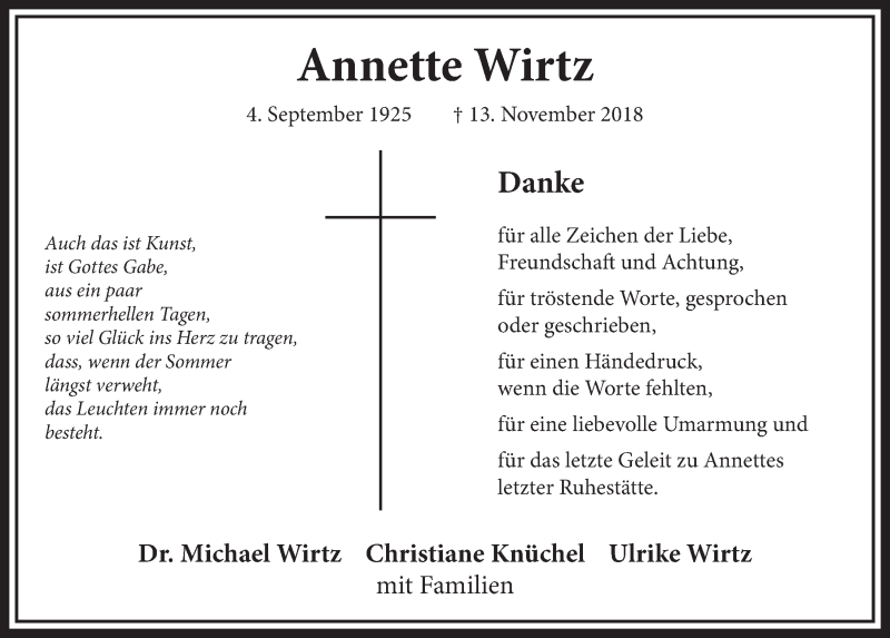  Traueranzeige für Annette Wirtz vom 08.12.2018 aus  Sonntags-Post 