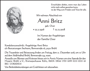 Anzeige von Anni Britz von  Schlossbote/Werbekurier 