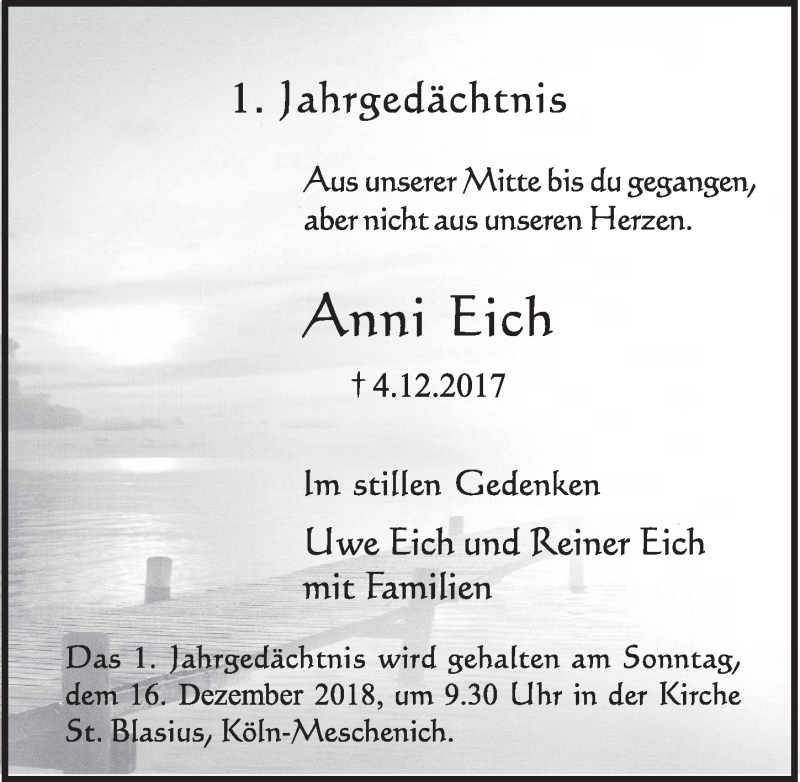  Traueranzeige für Anni Eich vom 12.12.2018 aus  Schlossbote/Werbekurier 
