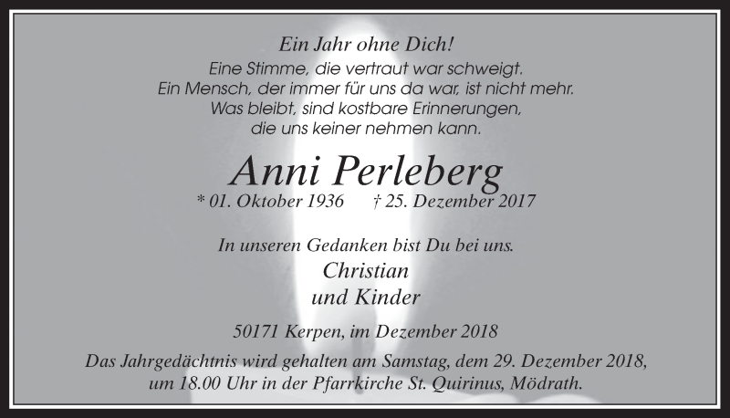  Traueranzeige für Anni Perleberg vom 27.12.2018 aus  Werbepost 