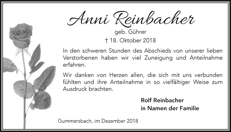  Traueranzeige für Anni Reinbacher vom 19.12.2018 aus  Anzeigen Echo 