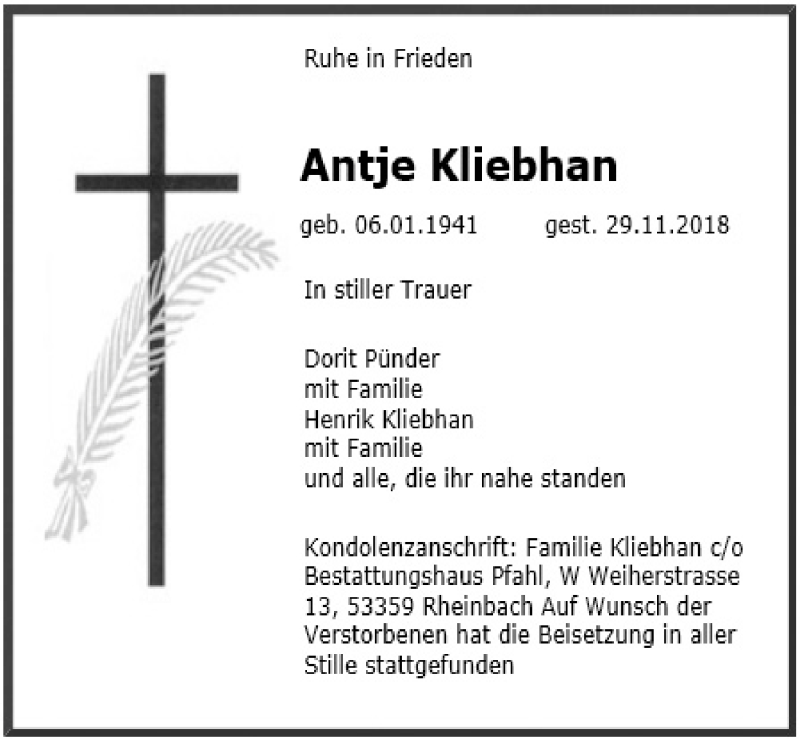  Traueranzeige für Antje Kliebhan vom 19.12.2018 aus  Schaufenster/Blickpunkt 