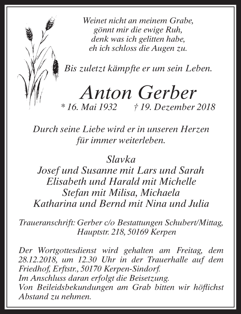  Traueranzeige für Anton Gerber vom 27.12.2018 aus  Werbepost 