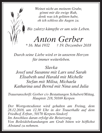 Anzeige von Anton Gerber von  Werbepost 