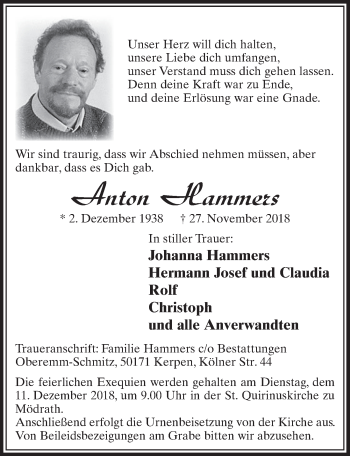 Anzeige von Anton Hammers von  Sonntags-Post 