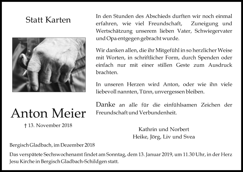  Traueranzeige für Anton Meier vom 29.12.2018 aus Kölner Stadt-Anzeiger / Kölnische Rundschau / Express