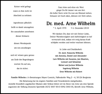 Anzeige von Arne Wilhelm von Kölner Stadt-Anzeiger / Kölnische Rundschau / Express